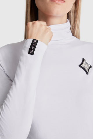 Long Sleeve Rhinestone Logo Badge Turtleneck | White