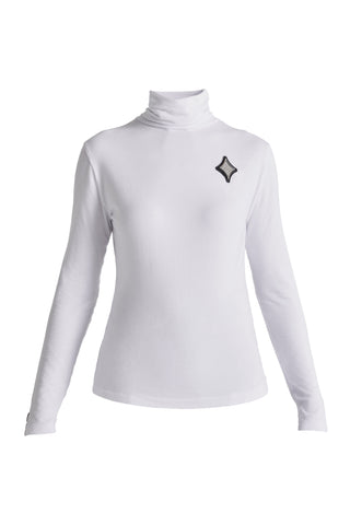 Long Sleeve Rhinestone Logo Badge Turtleneck | White