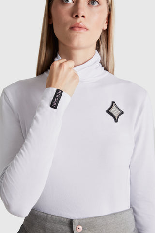 Long Sleeve Rhinestone Logo Badge Turtleneck | White