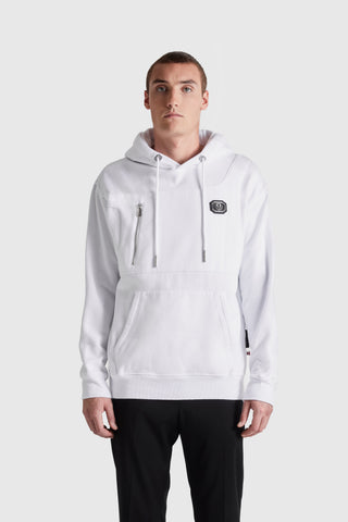 Logo Badge Pullover Hoodie with Zip Accent | White