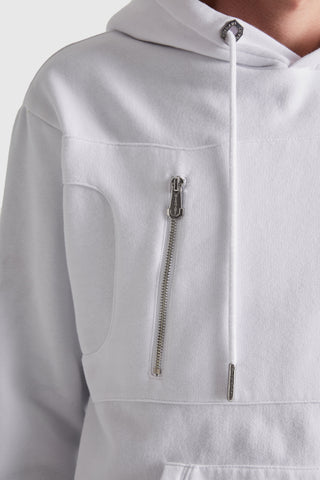 Logo Badge Pullover Hoodie with Zip Accent | White