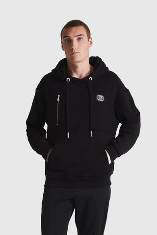 Logo Badge Pullover Hoodie with Zip Accent | Black