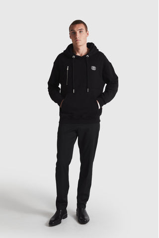 Logo Badge Pullover Hoodie with Zip Accent | Black