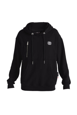 Logo Badge Pullover Hoodie with Zip Accent | Black