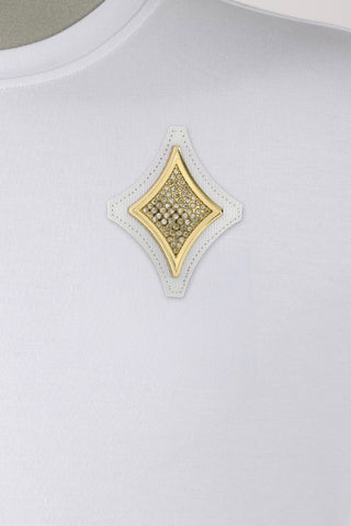 Long Sleeve Rhinestone Logo Badge Tee | White/Gold Edition
